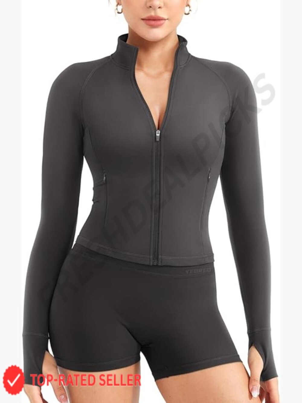 Full Zip Workout Jacket with Pockets Thumb Hole Long Sleeve Athletic Cropped